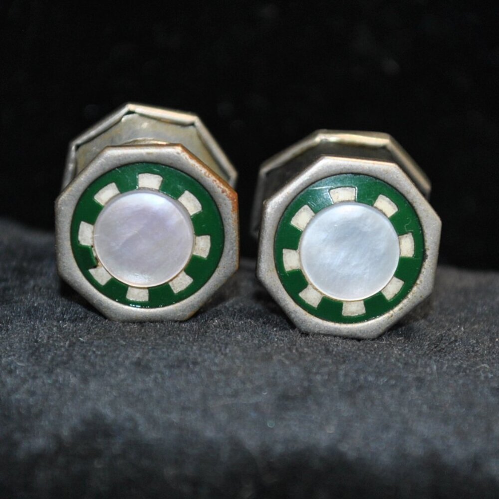 Antique/Vintage Art Deco Pres-To Snap Cufflinks with Green Celluloid & Shell